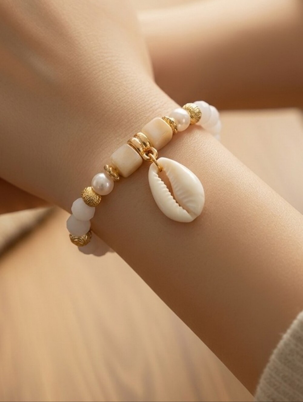 Cowrie Shell Bracelet White Gold Beaded Coastal Stretch Beach Vacation Jewelry